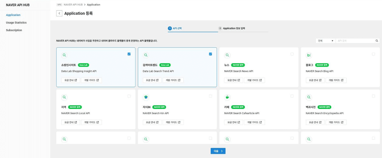 Application 등록 → API 선택에서 쇼핑인사이트 · 검색어트렌드 체크 → 다음